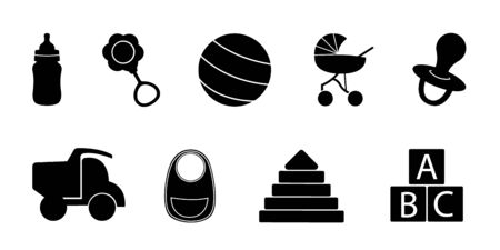 Toys icons set on white background. baby toys, feeding and care icons set. line style.
