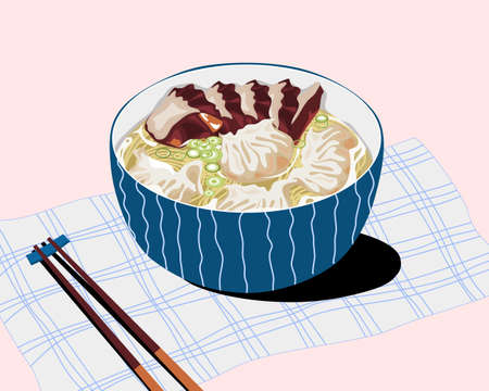 Boulettes cuites à la vapeur et nouilles de canard avec soupe dans le bol sur un tapis de plaque. bouchent l'illustration vectorielle de dessin à la main de nourriture. Illustrations vectorielles