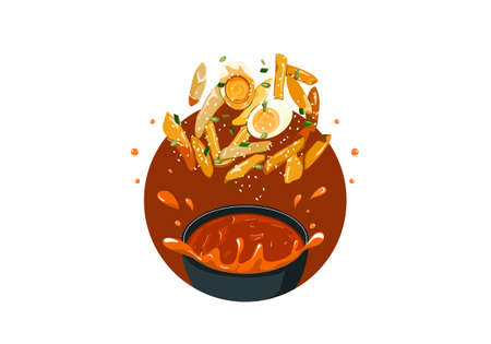 Recette du tteok bokki. nourriture de rue sud-coréenne. garae-tteok frit ou gâteaux de riz avec sauce et œufs. la nourriture saute d'un bol qui a l'air authentique et délicieux. cuisine asiatique dessin illustration vectorielle.
