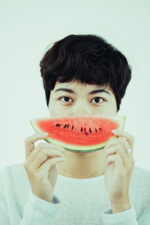 Playful Asian Woman Eating Watermelon For Refreshment Funny