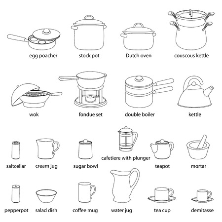 Kuchengerate Illustrationen Gesetzt Kochen Abendessen Wird Angeboten Mit Namen Schwarz Silhuettes Von Geschirr Mit Weissen Konturen Lizenzfrei Nutzbare Vektorgrafiken Clip Arts Illustrationen Image
