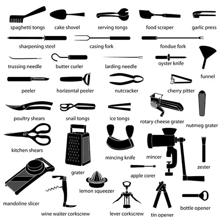 Kuchengerate Illustrationen Gesetzt Kochen Abendessen Wird Angeboten Mit Namen Schwarz Silhuettes Von Geschirr Mit Weissen Konturen Lizenzfrei Nutzbare Vektorgrafiken Clip Arts Illustrationen Image