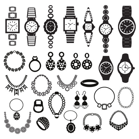 ジュエリー モノクロ手書きアイコン リング ダイヤモンド 時計 イヤリング ペンダント カフスボタン ネックレスのセットします ベクトル図のイラスト素材 ベクタ Image