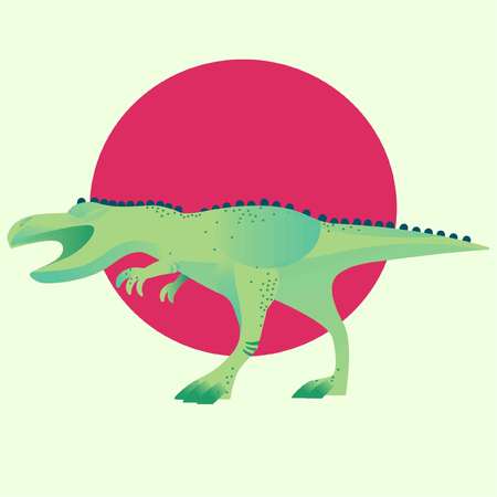 Dinosaur vector illustration with red circle on green background.