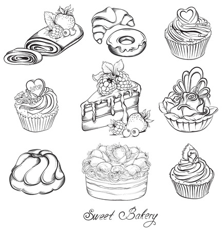 様々 な美しいケーキやカップケーキのコレクション手書き ベクトル図をスケッチします のイラスト素材 ベクタ Image