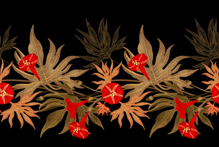 エキゾチックな登山の植物のツタ ベクターのシームレス花柄 黄金の枝 葉 黒の背景の赤い花 ビンテージ スタイルのイラスト テンプレート デザイン高級包装 繊維 紙 のイラスト素材 ベクタ Image