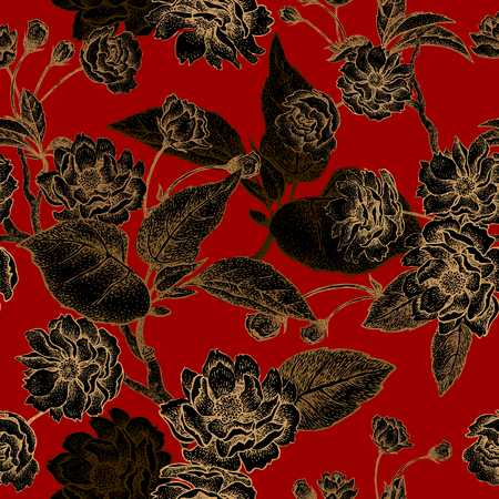 中国梅の花とシームレスなパターンをベクトルします 葉 花と中国の梅の木の枝を持つ花柄 デザイン ペーパー 壁紙や織物 ブラック レッド ゴールド の イラスト素材 ベクタ Image