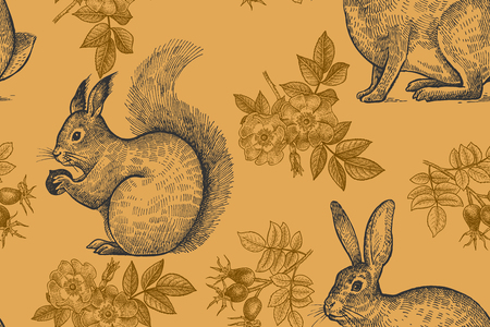森の動物や植物のシームレスなパターン 野ウサギ リス ローズヒップの花 手描き 金と黒 ビンテージの彫刻 ベクトル イラスト 紙 壁紙 テキスタイルのデザイン のイラスト素材 ベクタ Image