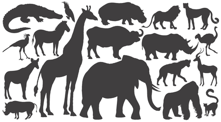 Black silhouettes of African animals on white background set. Vector illustration art. Elephant, giraffe, buffalo, hippo, rhino, lion, cheetah, antelope, ostrich, gorilla, crocodile, warthog, zebra...