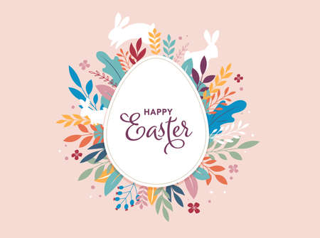 Joyeuses pâques bannière, affiche, carte de voeux. conception de pâques à la mode avec typographie, lapins, fleurs, oeufs, oreilles de lapin, dans des couleurs pastel. style minimaliste moderne