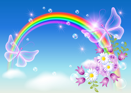 Sun flower: Regenbogen mit Blumen und Magie Schmetterling in den Himmel