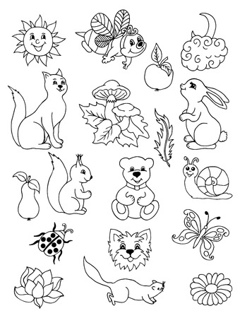 ベクター グラフィックは 動物や果物のセット 落書きを描画します 瞑想的なエクササイズ アンチ ストレス大人のための塗り絵 黒と白 のイラスト素材 ベクタ Image