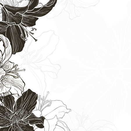 ユリの花のモノクロ ラウンド フレーム 花の背景は 招待状やグリーティング カードとして使用できます 手描きテキスト用のスペースを持つベクトル イラスト のイラスト素材 ベクタ Image