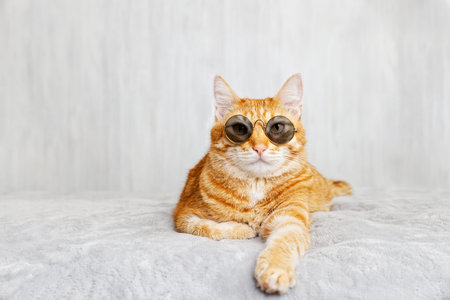 Closeup portrait of funny red cat wearing sunglasses, lying on a bed and looking straight ahead directly into the camera against white blurred background. shallow focus. copyspace.