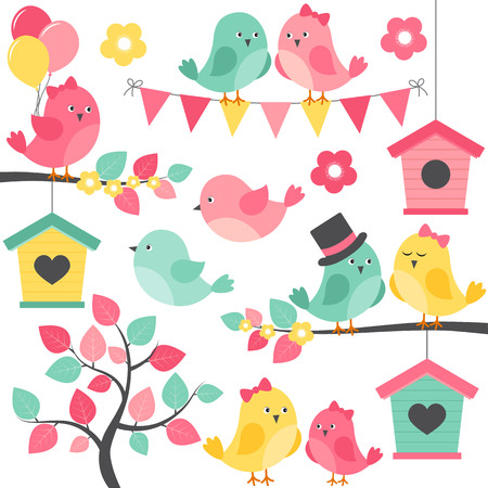 Vector summer birds with tree, branches and birdhouse Stock Photo