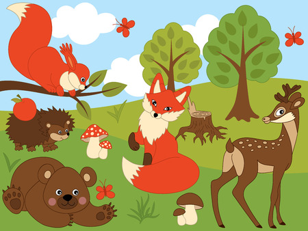 ベクトル森の動物にキツネ ハリネズミ リス フクロウと設定します のイラスト素材 ベクタ Image ベクトル森の動物にキツネ ハリネズミ リス フクロウと設定します のイラスト素材 ベクタ Image