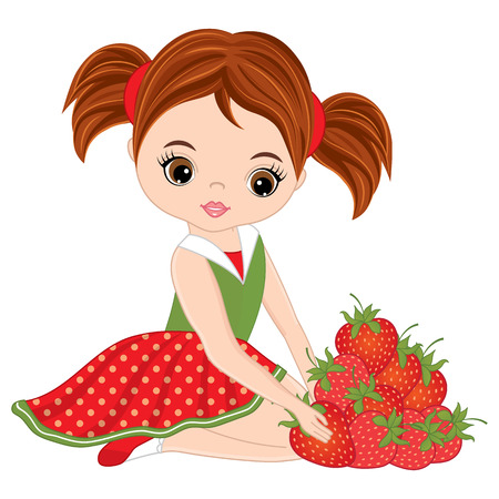 Vector cute little girl with strawberries. vector strawberries. little girl with strawberries vector illustration