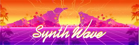 Synthwave retro wave, cyber landscape with laser grid luminous rays. horizontal web banner, vector illustration vaporwave retrowave