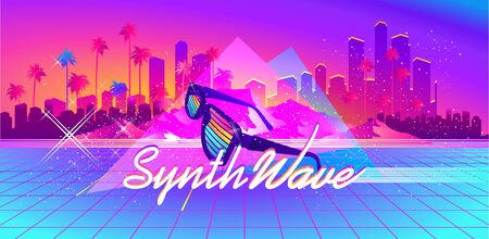 Synthwave retro wave, cyber landscape with laser grid luminous rays. horizontal web banner, vector illustration vaporwave retrowave