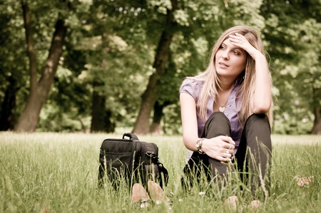 sad lonely: Frustration - young woman outdoors Stock Photo