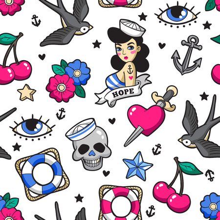 ロカビリー スタイルの古い学校のシームレスなパターン のイラスト素材 ベクタ Image ロカビリー スタイルの古い学校のシームレスなパターン のイラスト素材 ベクタ Image