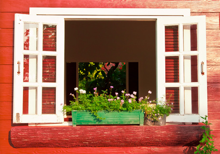 window with flower box Фото со стока
