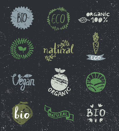 インク ロゴタイプ セット バッジ ラベル リボン 植物要素のローレルを残します 有機 バイオ エコロジーのエコ自然なデザインのテンプレートです 手描きの絵画 ビンテージ ベクトル 黒と白のイラスト素材 ベクタ Image