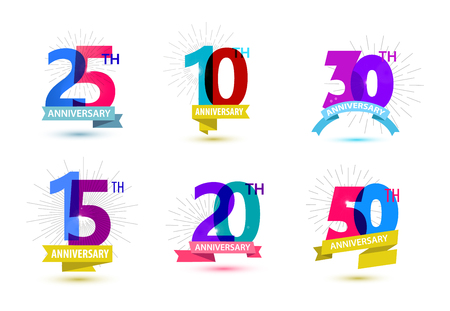 周年記念の数字デザインのベクトルを設定します 25 10 15 のアイコンは リボンと組成 カラフルな分離した白い背景の影と透明のイラスト素材 ベクタ Image