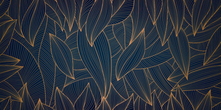 Vector golden leaves botanical modern, art deco wallpaper background, seamless pattern. line design for interior design, textile, texture, poster, package, wrappers, gifts. luxury. japanese style.