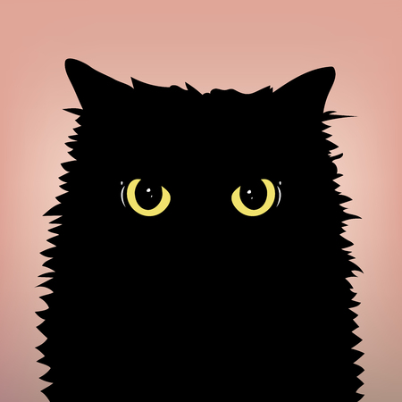 Angry black cat face with big eyes on the peach color background. cat yellow eyes. flat and minimal style illustration.