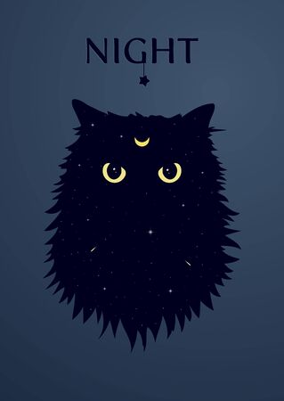 Cat with the crescent moon symbol on forehead. angry cat silhouette with yellow eyes on the space background with stars and comets. front view cat face. vector illustration.