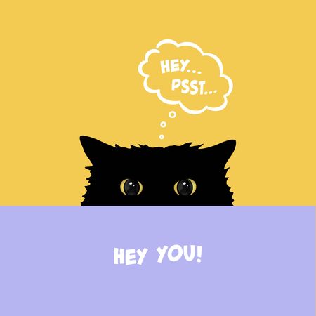 Black cat playing hide and seek. cute cat with yellow eyes peeking over table. flat illustration with comic dialog cloud with psst text. vector illustration. Vector Illustration