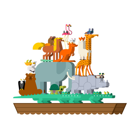 Noah ark and animals. pairs of beasts. rescue from flood. big ancient ship from bible. biblical boat