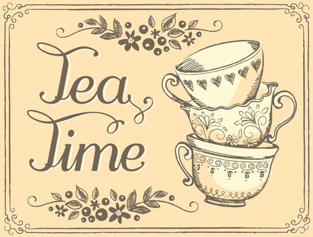 イラストかわいいカップとお茶の時間 スケッチのイラスト素材 ベクタ Image