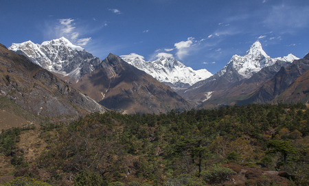 Namche bazar, nepal - circa october 2013: view of the himalayas (everest, lhotse, ama dablam) from near namche bazaar circa october 2013 in namche bazar.