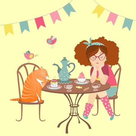 Beautiful girl drinking coffee with funny cat. vector illustration