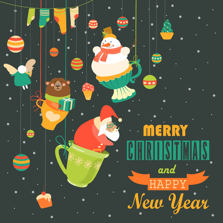 Cute christmas decorations with santa, snowman,angel and bear. vector greeting card