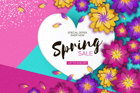 明るい折り紙春セール花のバナー 紙カットエキゾチックな熱帯の花のグリーティングカード 春の花 愛のハートフレーム 女性の日おめでとう8 3月 テキスト 青の季節の休日 トレンディな内装 ベクトルイラスト のイラスト素材 ベクタ Image