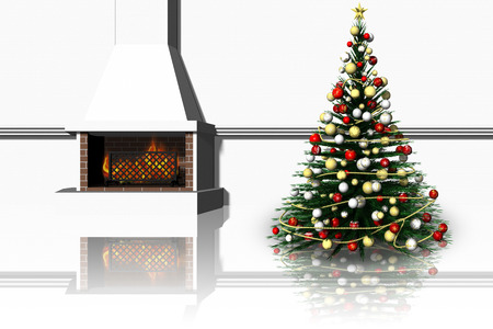 Natale. salotto con caminetto e albero di natale.