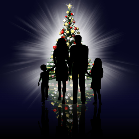 Siluette famiglia con sfondo albero di natale. Stock Photo