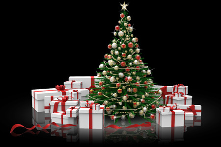 Decorated christmas tree and gifts on black background