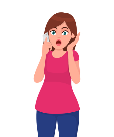 Shocked young woman talking on the smart phone or mobile phone scared in shock with a surprise face. amazed frowning female calling. human emotions and concept illustration in cartoon flat style.