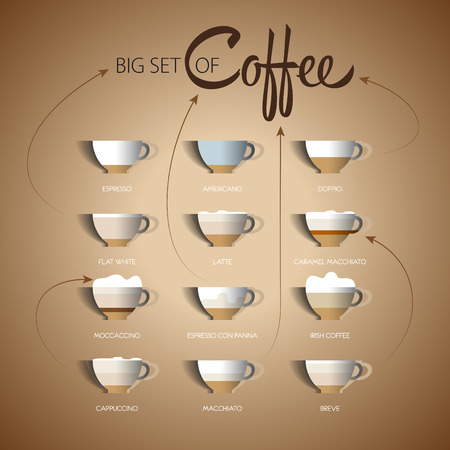 コーヒーの種類と明るい茶色の背景のそれらの準備のセットです ベクトル イラスト Eps10のイラスト素材 ベクタ Image
