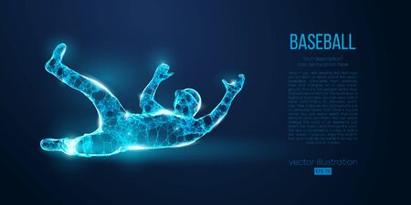 Abstract baseball player from particles, lines and triangles on blue background. all elements on a separate layers, color can be changed to any other. low poly neon wire outline geometric. vector Stock Photo