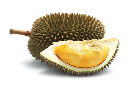 Durian: Close up of peeled durian isolated on white background.