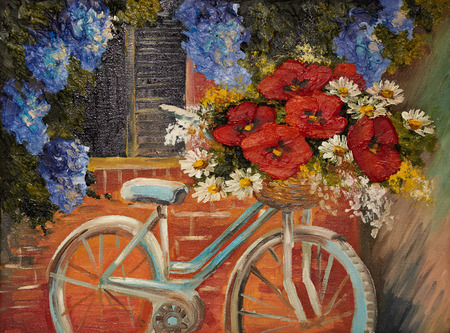oil painting on canvas - flowers near a wall, bike with a bouquet of flowers, outdoor, medieval