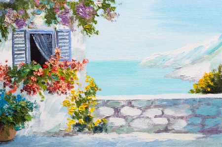 Oil painting landscape - terrace near the sea, flowers Фото со стока