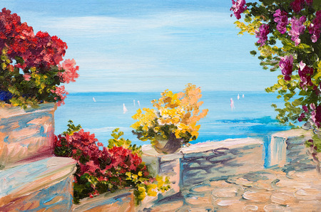 Oil painting landscape - terrace near the sea, flowers Фото со стока