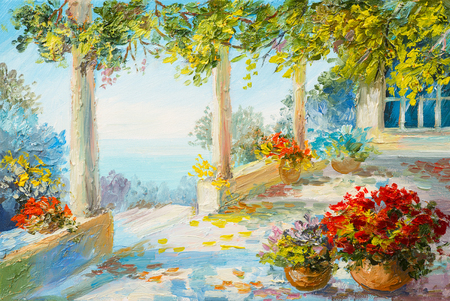 Oil painting landscape - terrace near the sea, flowers Фото со стока