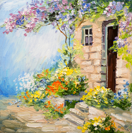 油絵 絵画【花の住宅】 油絵 花の住宅【F4号木製】 絵画 HR 通販 12618583｜Creema